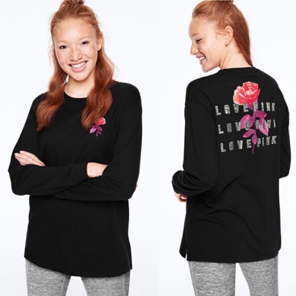VS PINK rose bling long sleeve campus tee